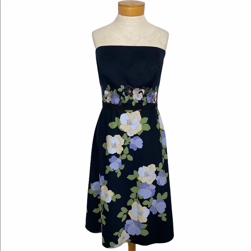 LOFT Strapless Dress with Floral Design - Black and Light Purple